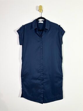 St. Emile Navy Blue Short Dolman Sleeve Button Front Mini Sheath Shirt Dress